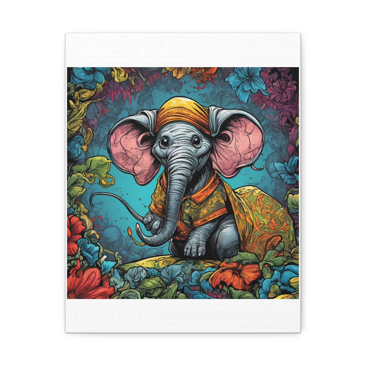 Colorful Storybook Elephant Floral Garden Canvas Wall Art
