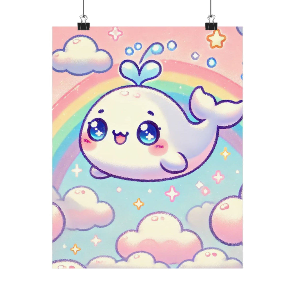 Kawaii Rainbow Whale Pastel Cloud Wall Art Poster