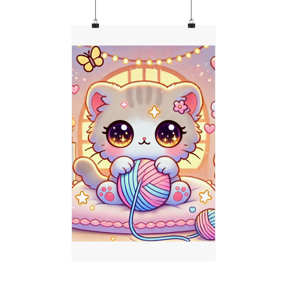 Cozy Kawaii Knitting Cat Pastel Yarn Wall Art Poster