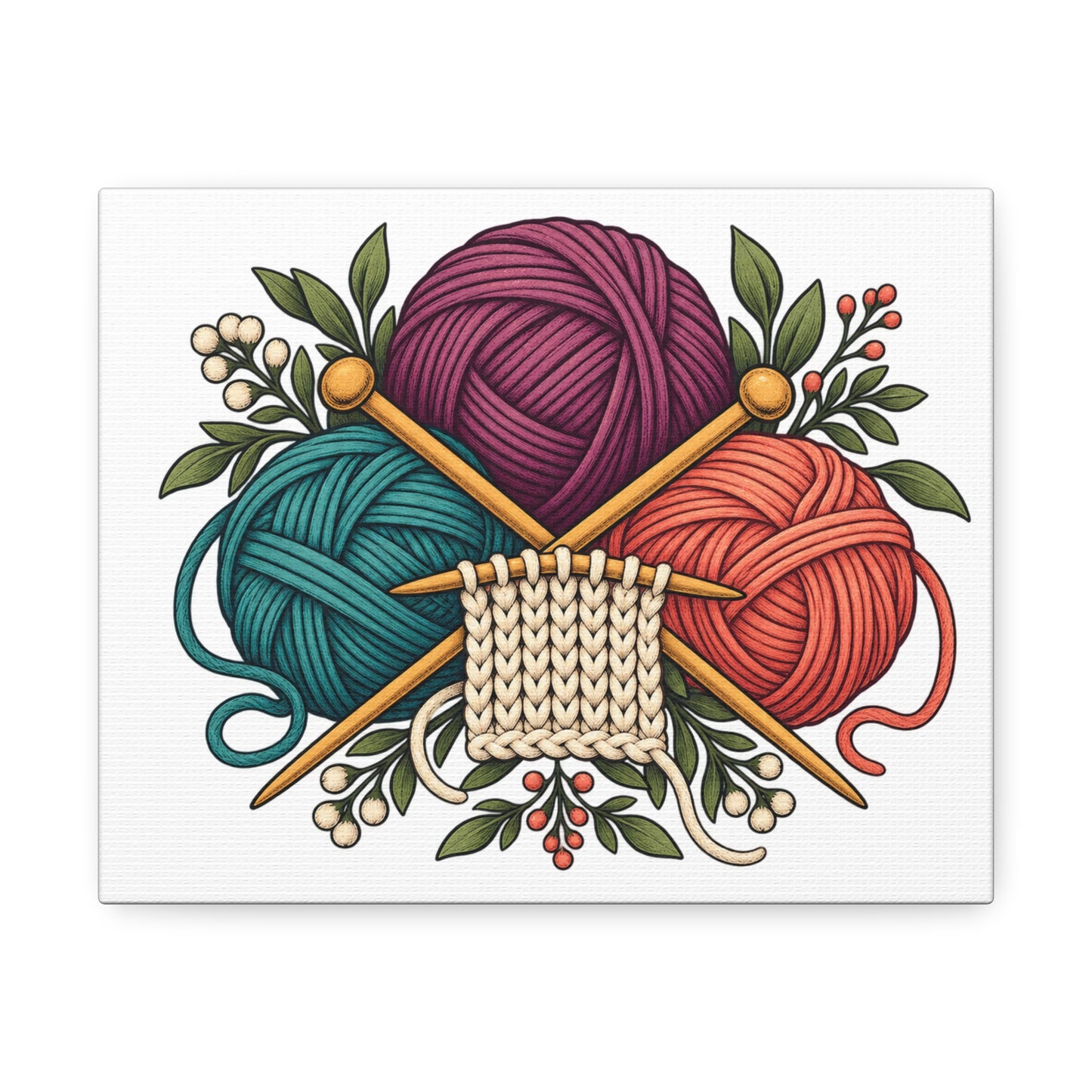Retro Yarn and Knitting Botanical Art Canvas