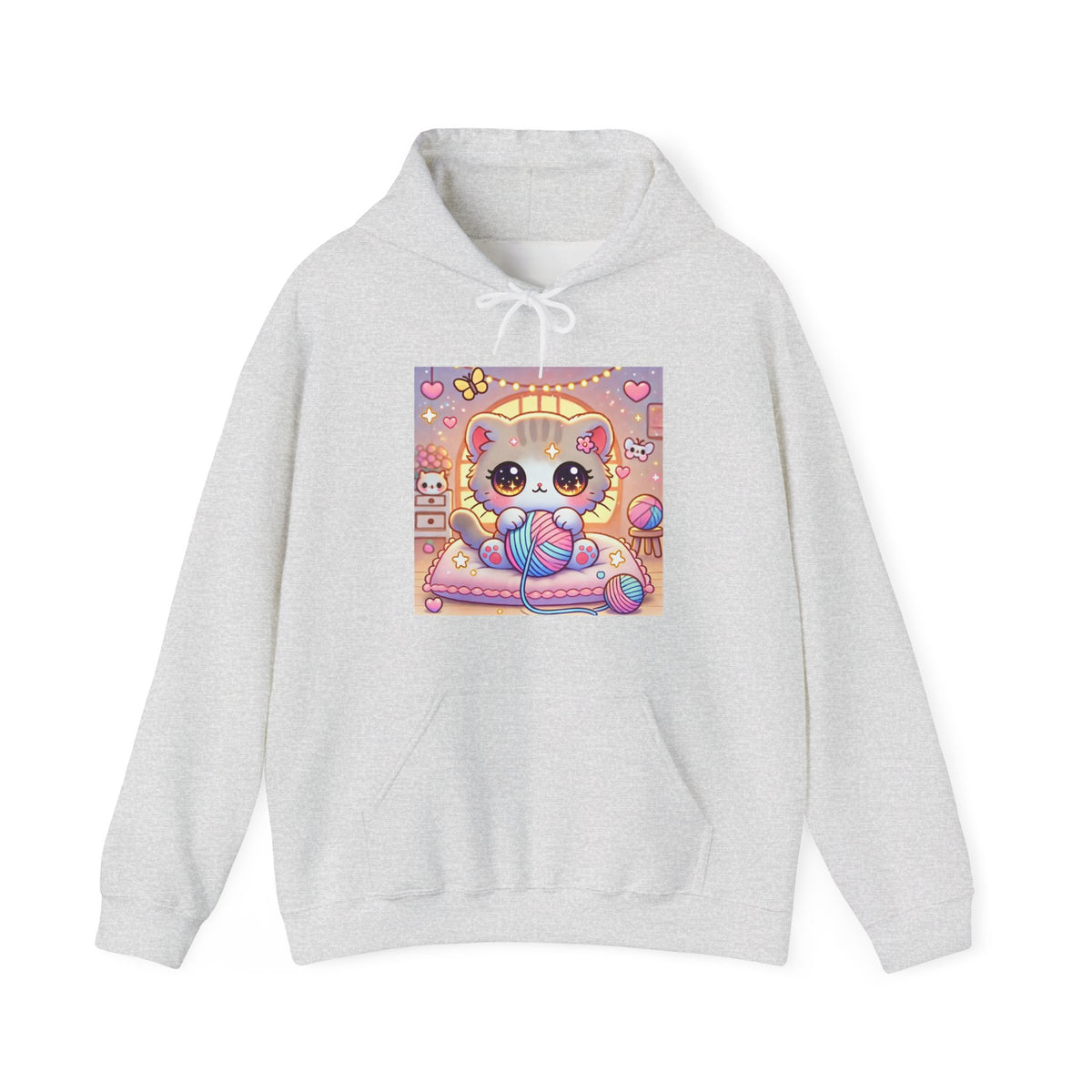 Cozy Kawaii Knitting Cat Pastel Yarn Hoodie