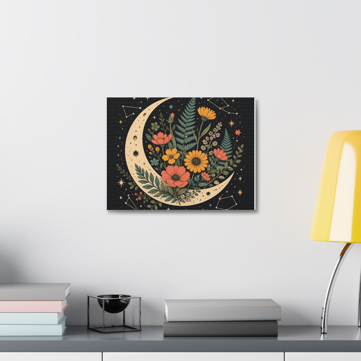 Celestial Wildflower Crescent Moon Botanical Canvas Art