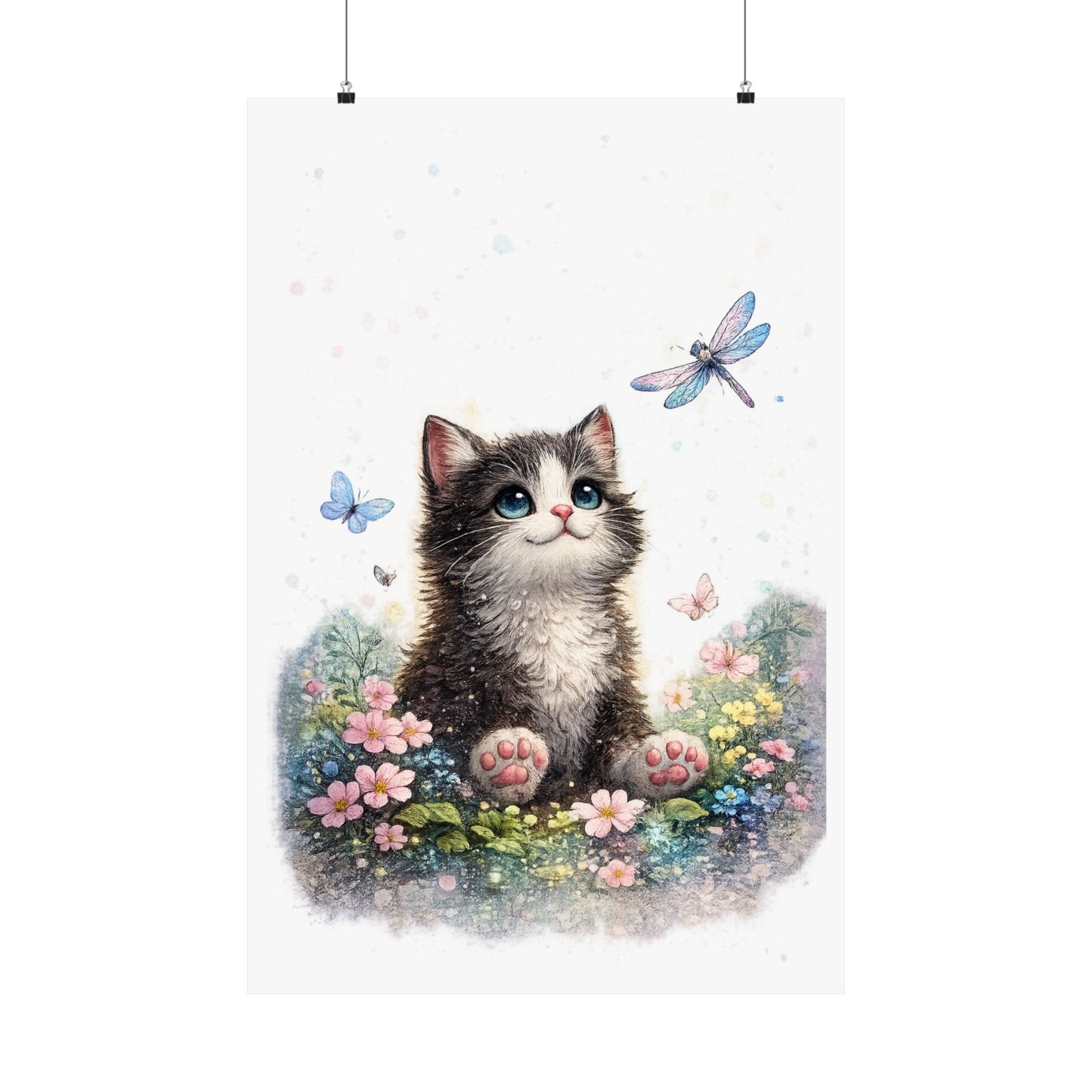 Whimsical Kitten Butterfly Garden Art Poster