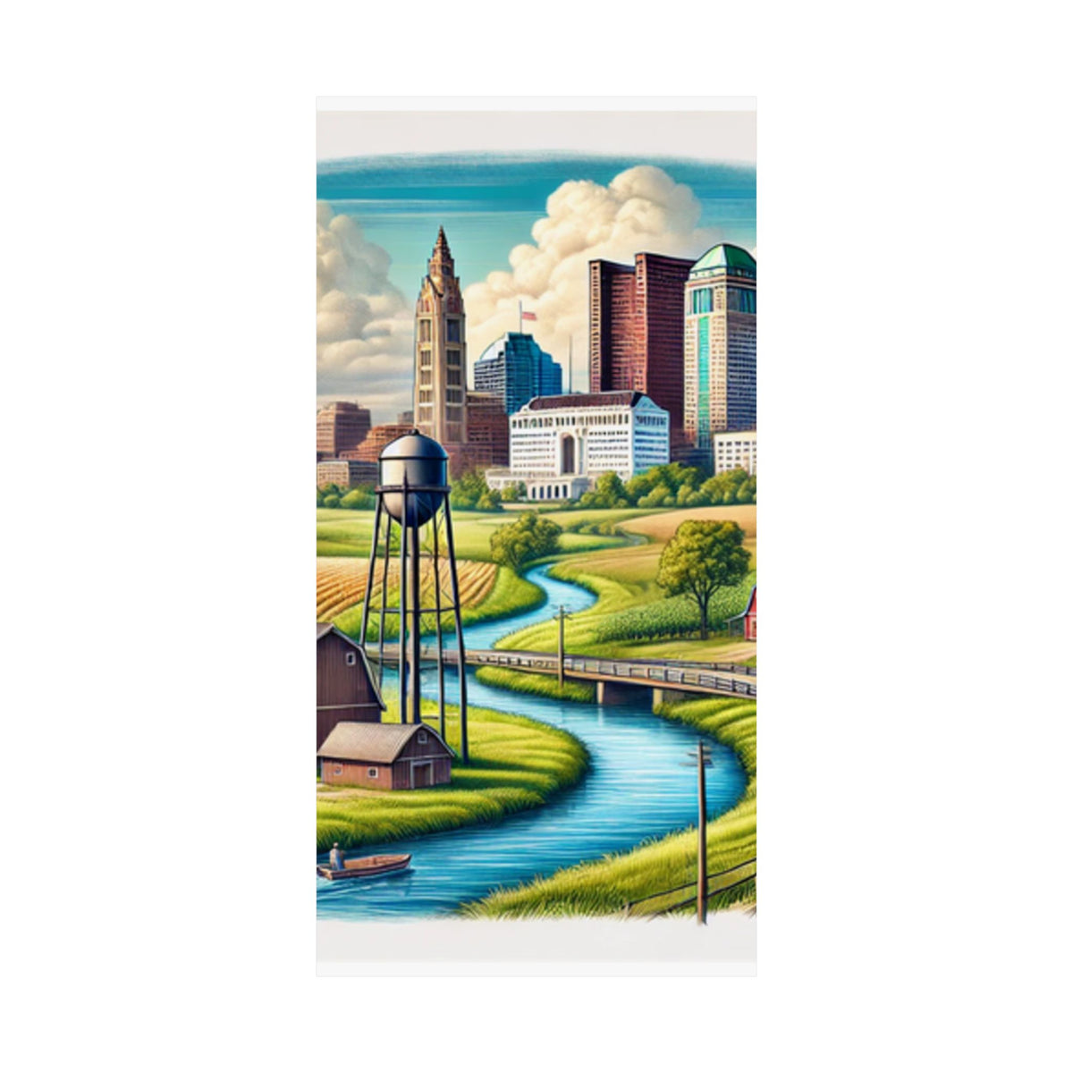Rural River City Skyline Hometown Landscape Poster Art