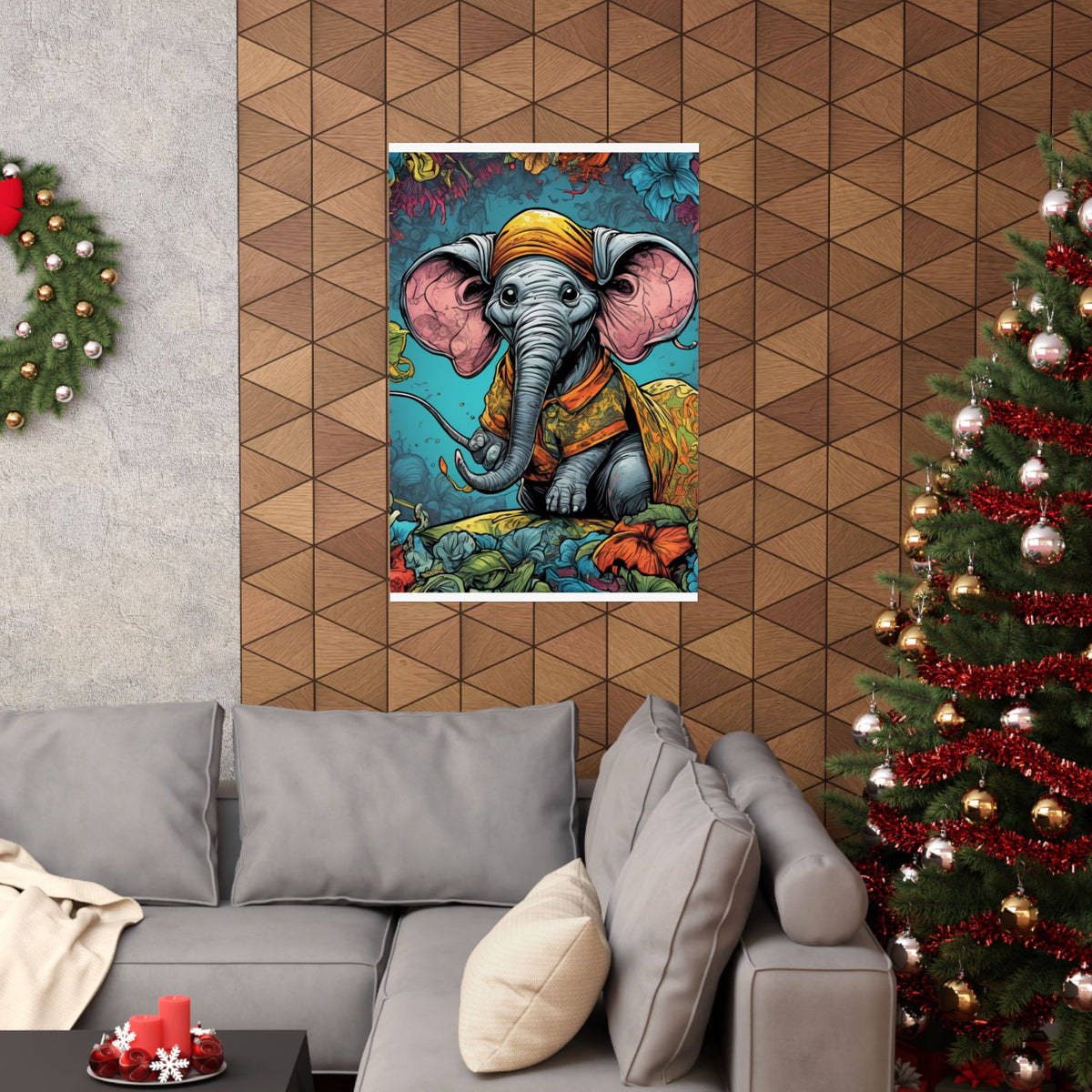 Colorful Storybook Elephant Floral Garden Wall Art Poster