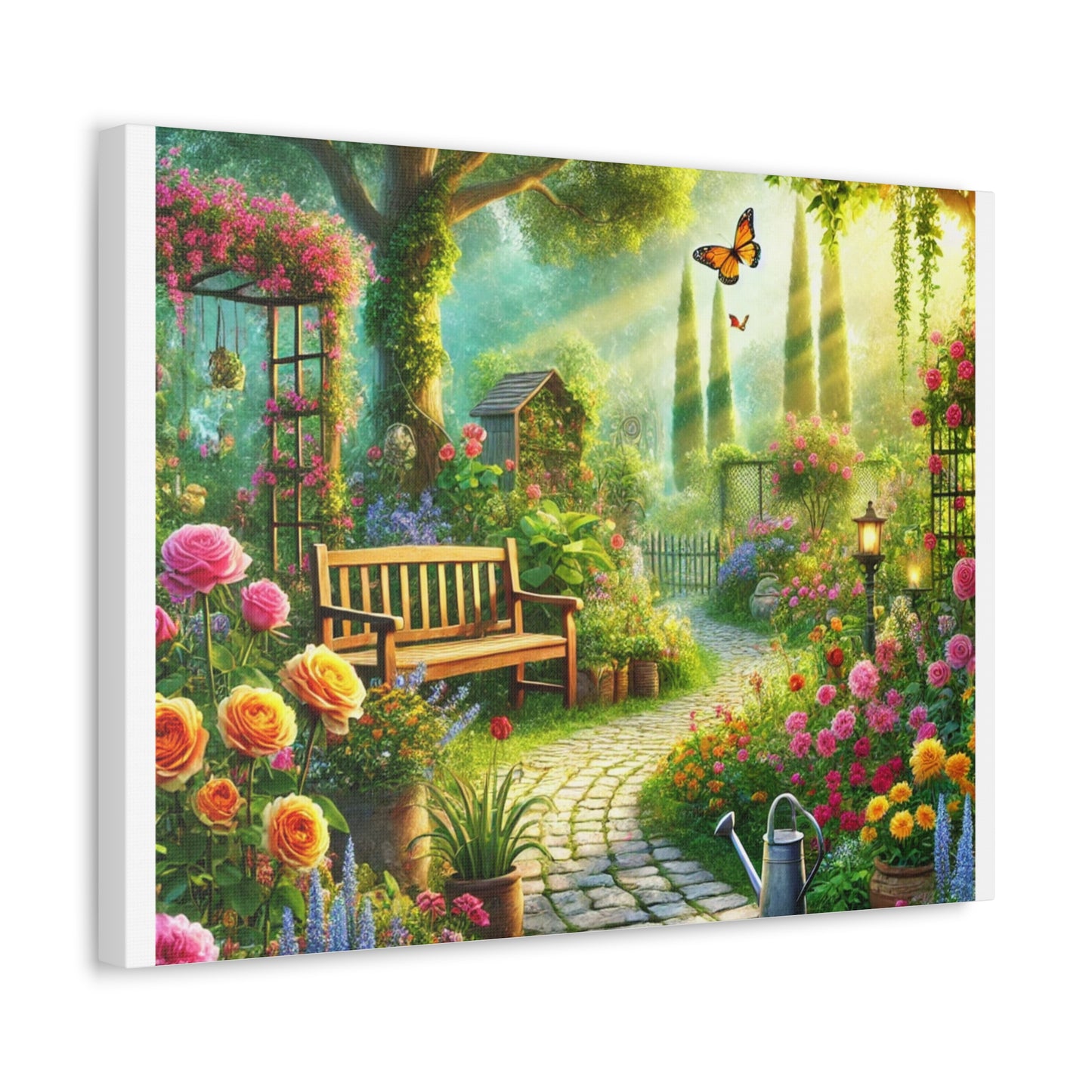 Sunlit Spring Flower Garden Bench Canvas