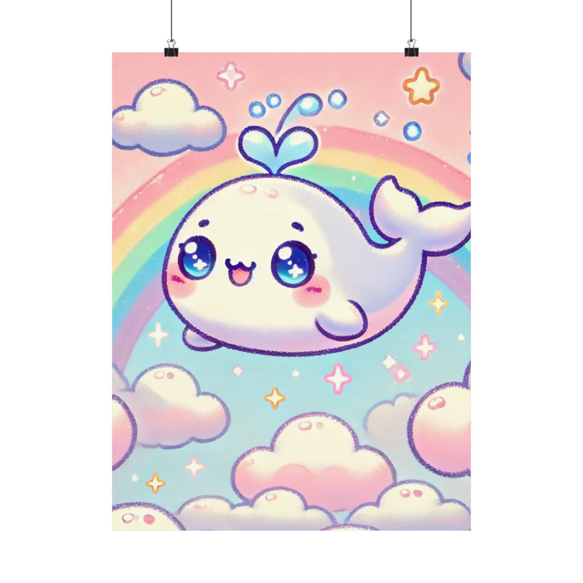 Kawaii Rainbow Whale Pastel Cloud Wall Art Poster