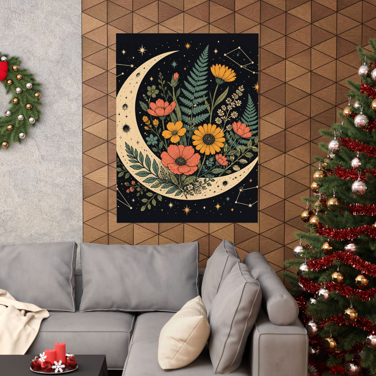 Celestial Wildflower Crescent Moon Botanical Art Poster
