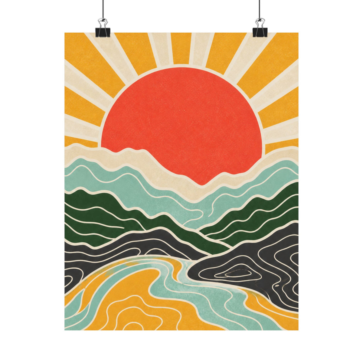 Topographic Sunrise Mid Century Mountain Art Poster