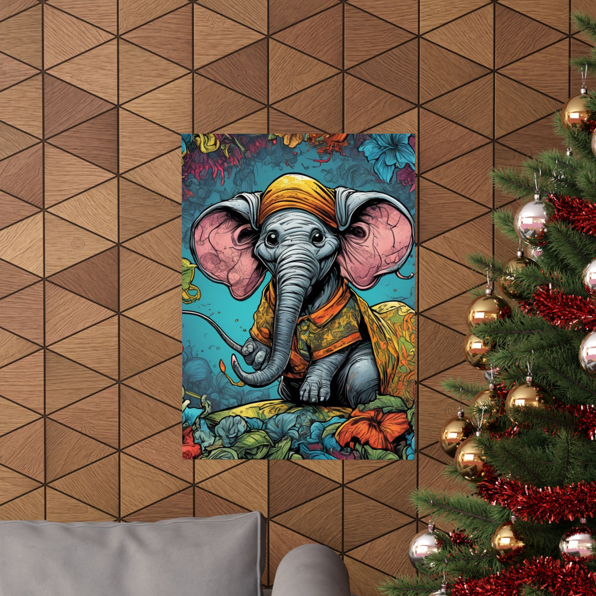 Colorful Storybook Elephant Floral Garden Wall Art Poster
