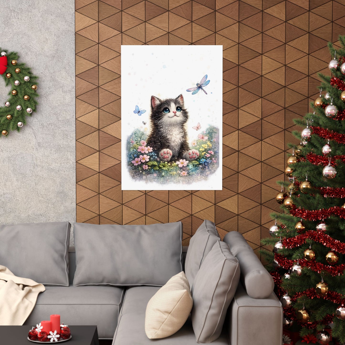 Whimsical Kitten Butterfly Garden Art Poster