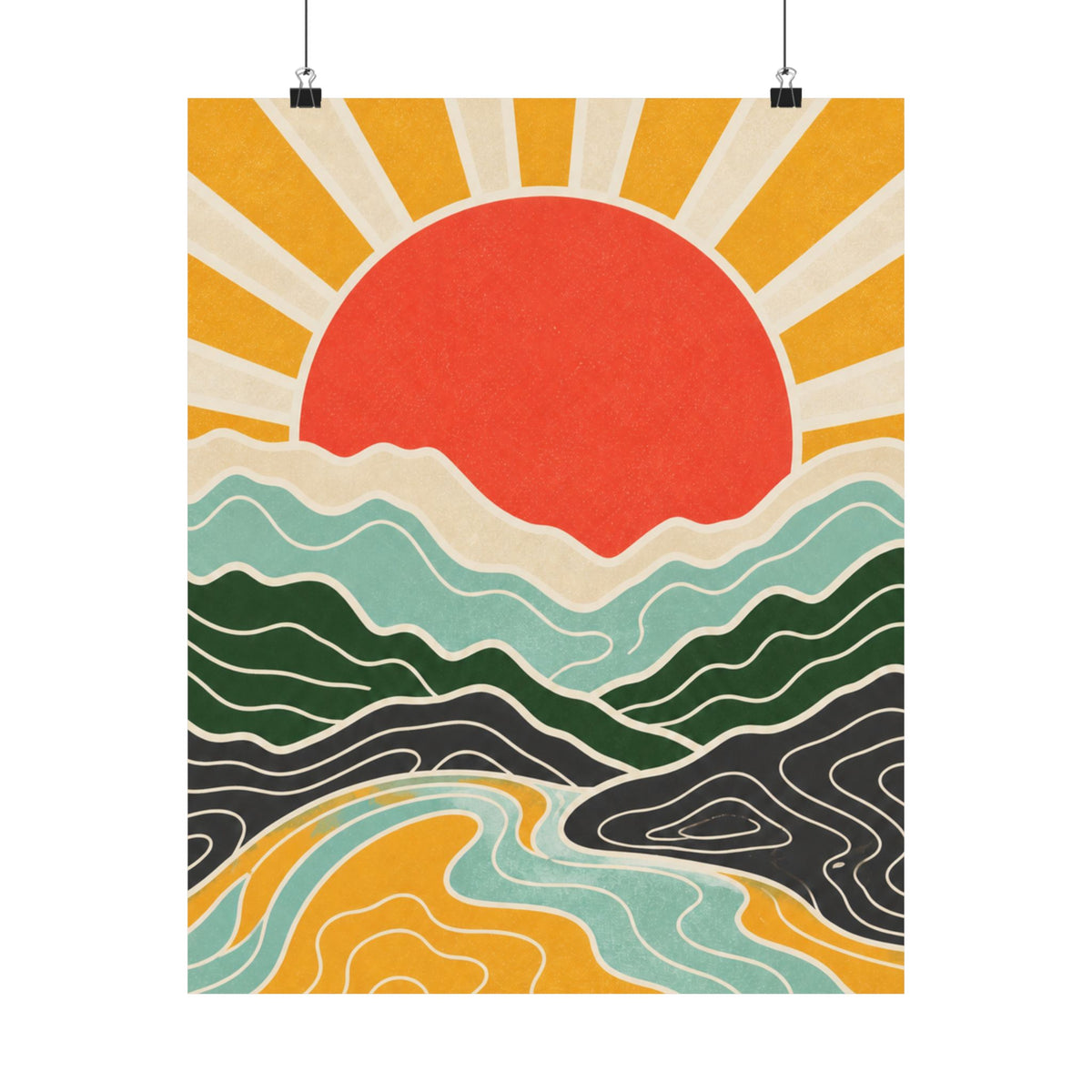 Topographic Sunrise Mid Century Mountain Art Poster