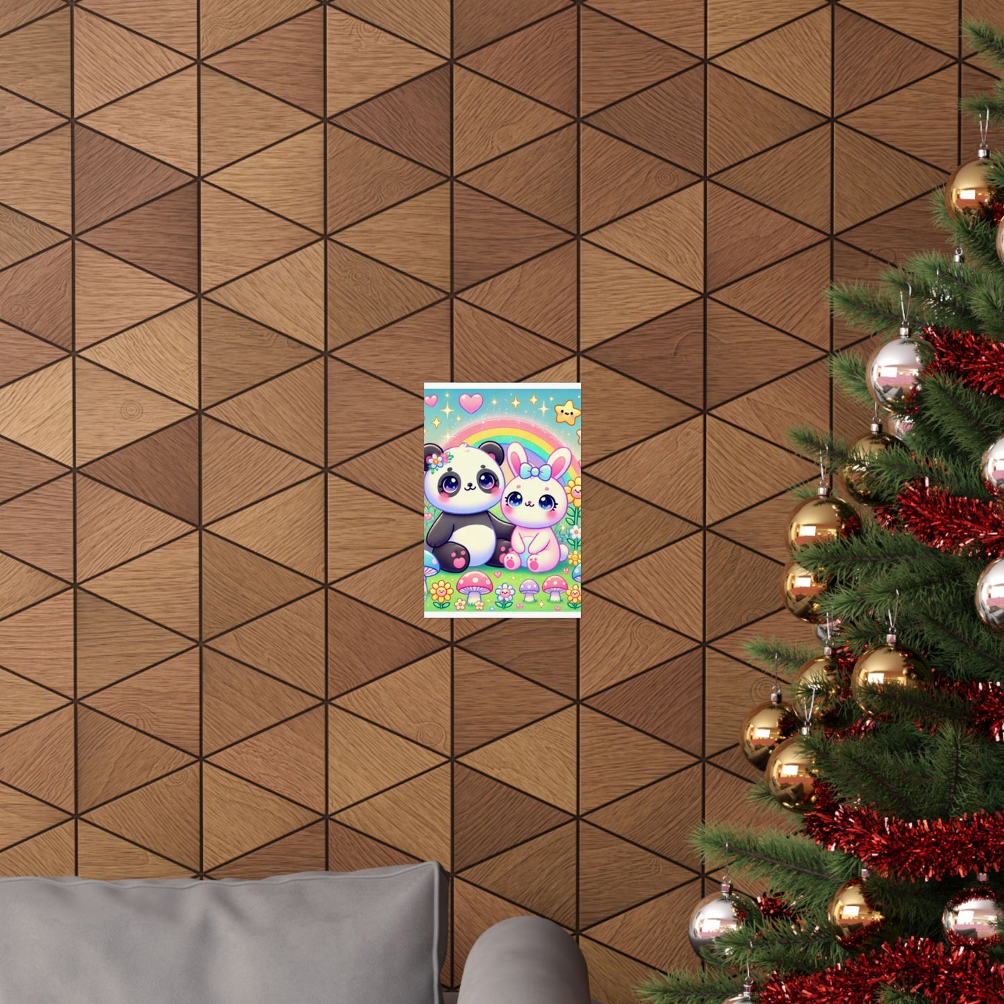 Pastel Panda and Bunny Rainbow Garden Wall Art Poster