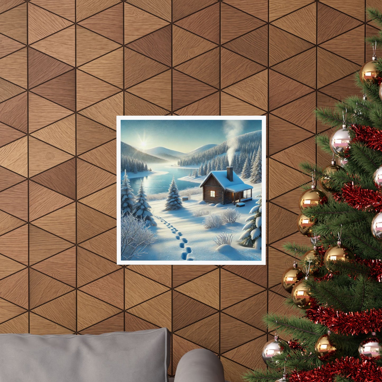 Snowy Cabin Winter Lake Landscape Art Poster