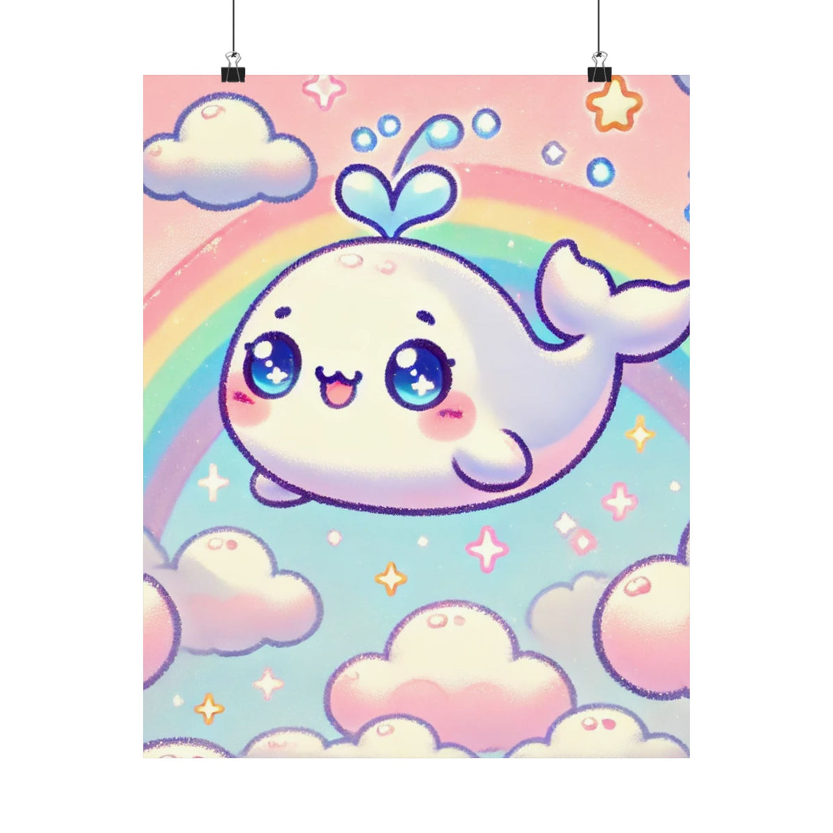 Kawaii Rainbow Whale Pastel Cloud Wall Art Poster
