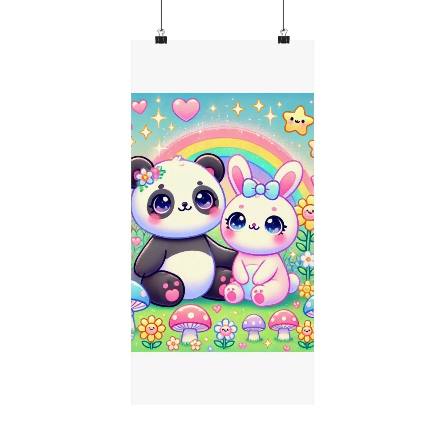 Pastel Panda and Bunny Rainbow Garden Wall Art Poster