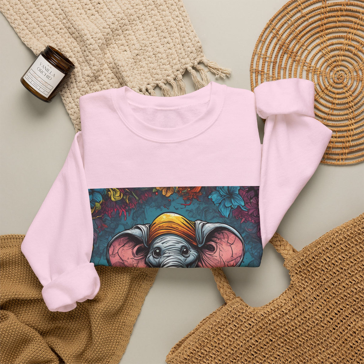 Colorful Storybook Elephant Floral Art Sweatshirt