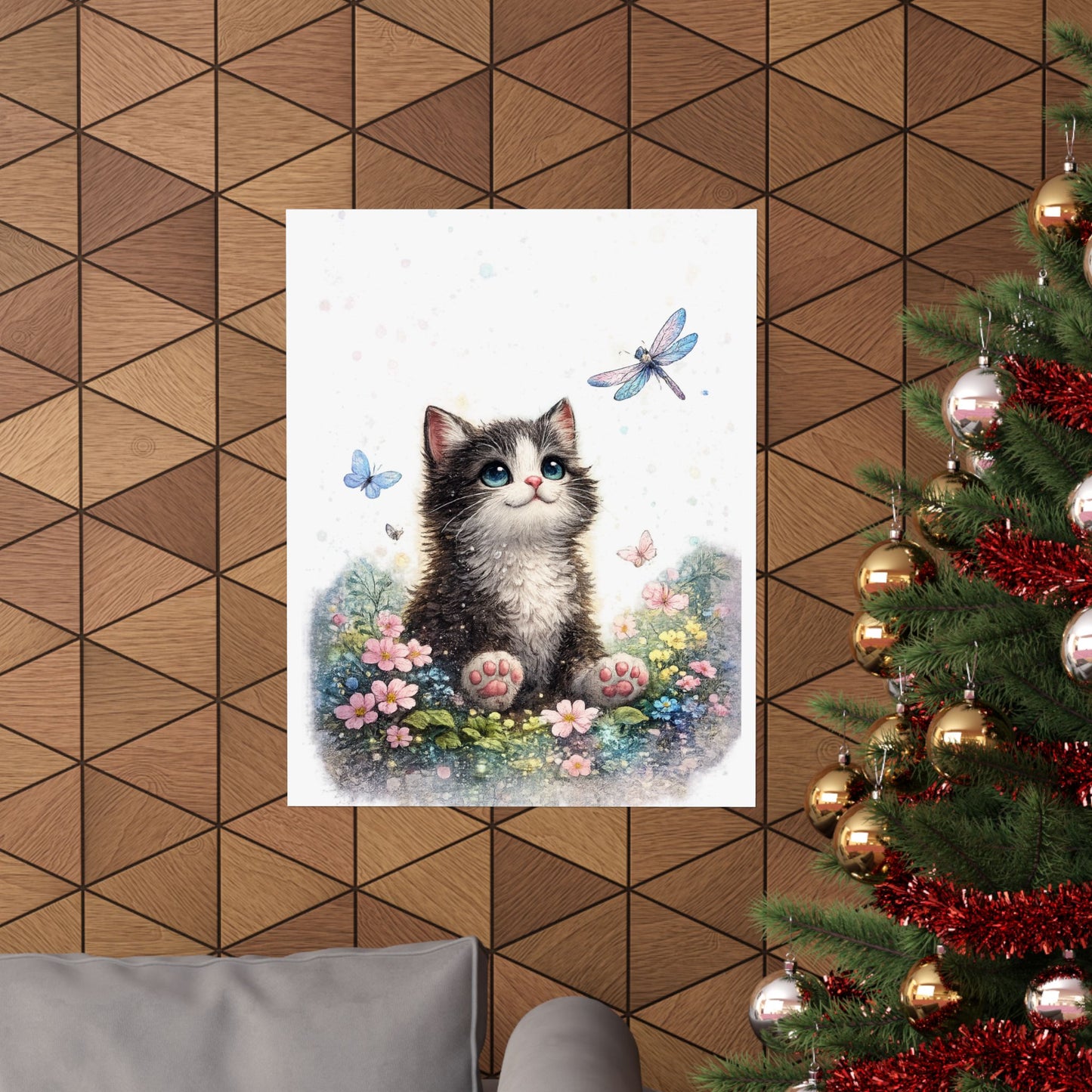 Whimsical Kitten Butterfly Garden Art Poster