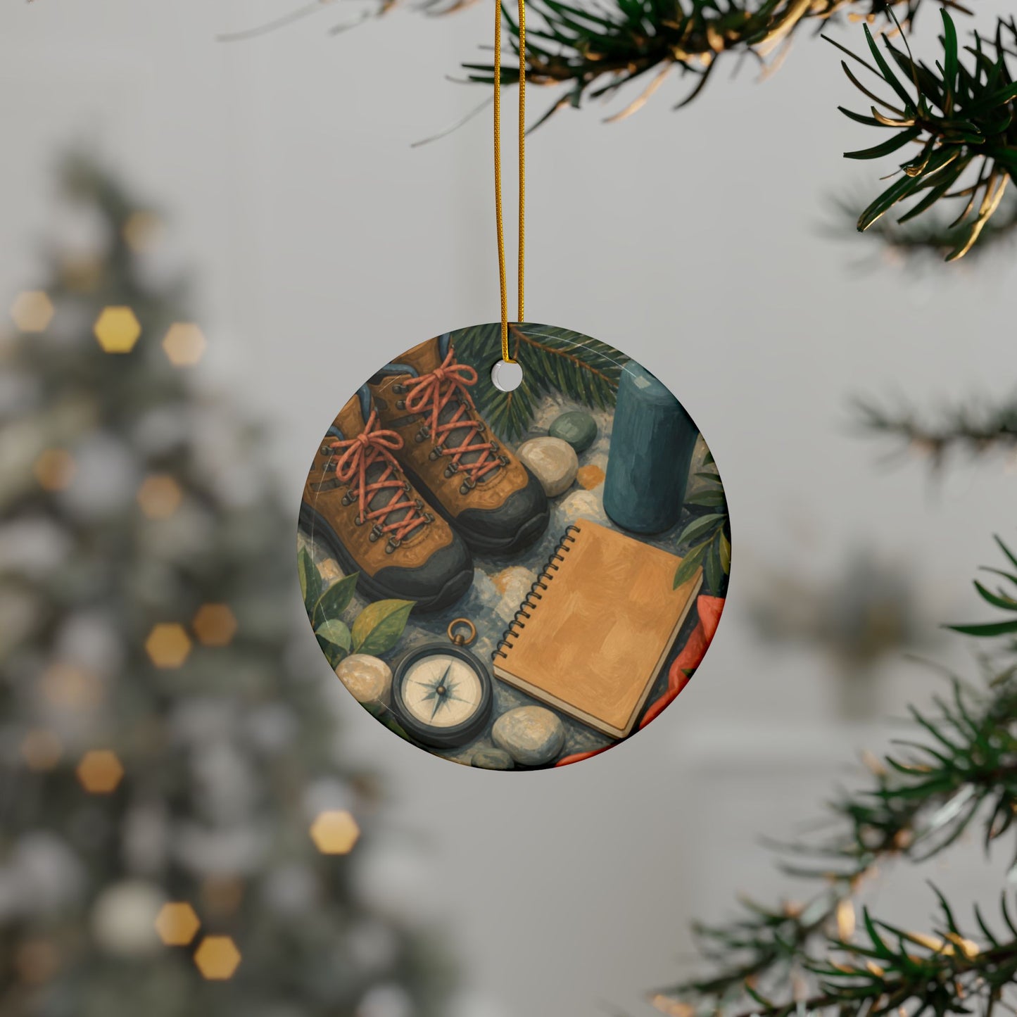 Quiet Hiking Trail Gear Art Ceramic Ornament, Holiday Keepsake and Gift