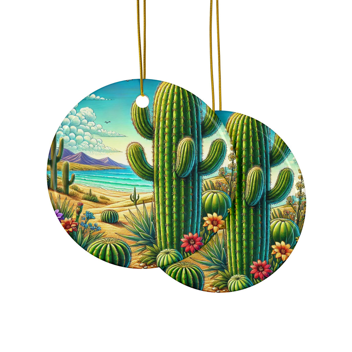 Desert Cactus Bloom Garden Ceramic Ornament, Holiday Keepsake and Gift