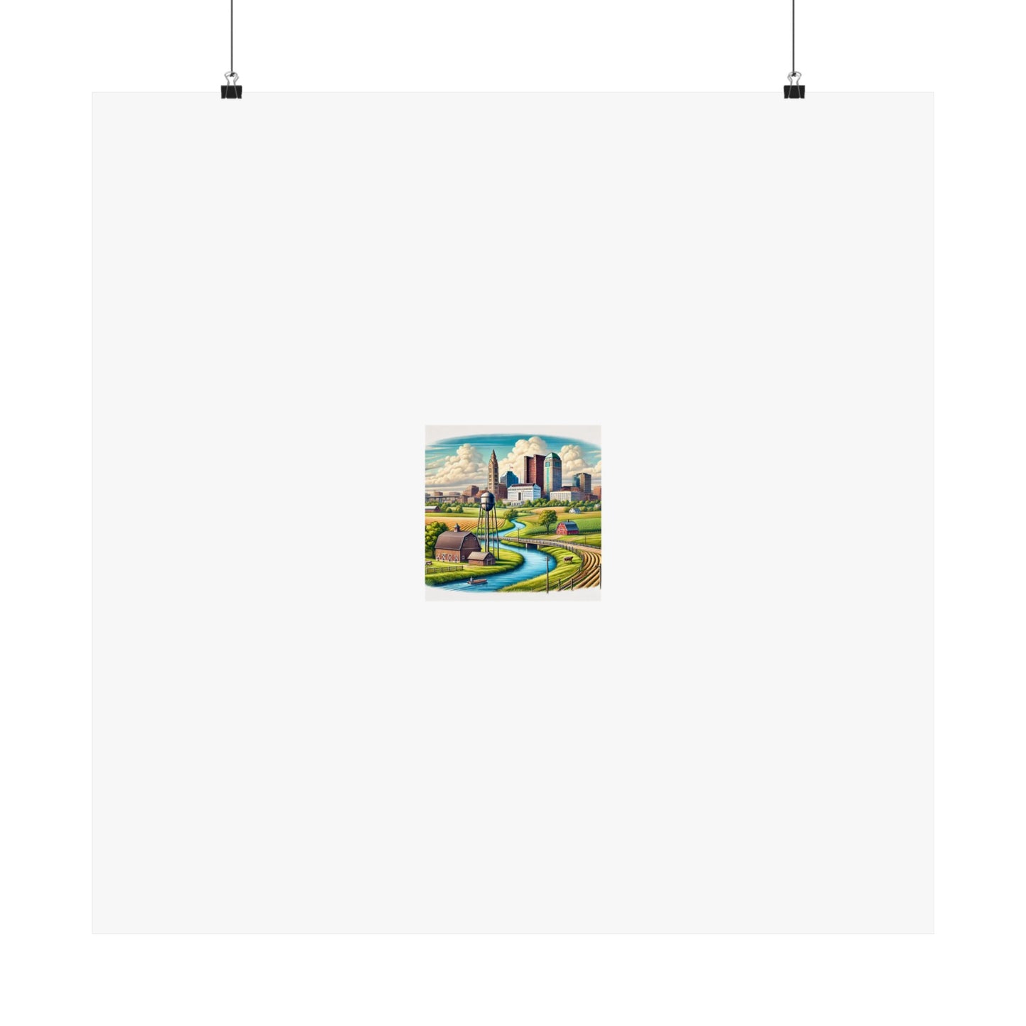 Rural River City Skyline Hometown Landscape Poster Art