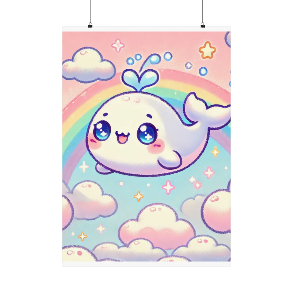 Kawaii Rainbow Whale Pastel Cloud Wall Art Poster