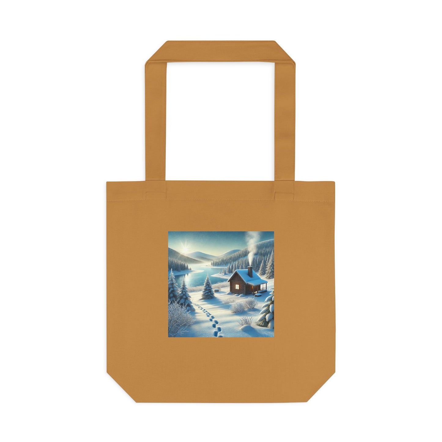 Snowy Cabin Winter Lake Landscape Art Tote Bag