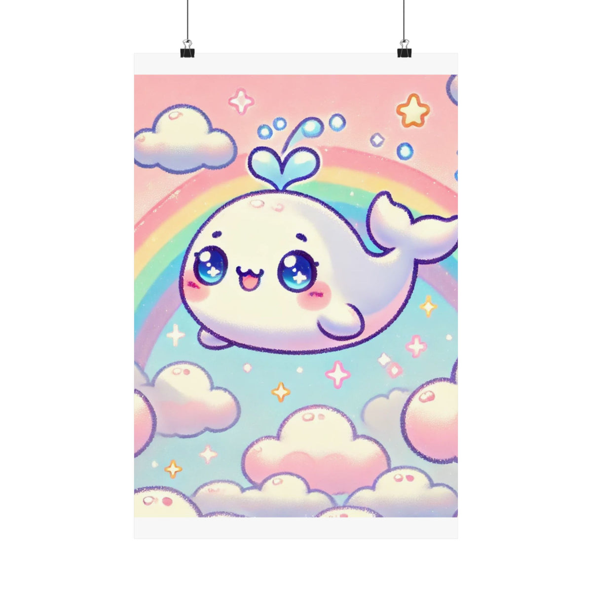 Kawaii Rainbow Whale Pastel Cloud Wall Art Poster