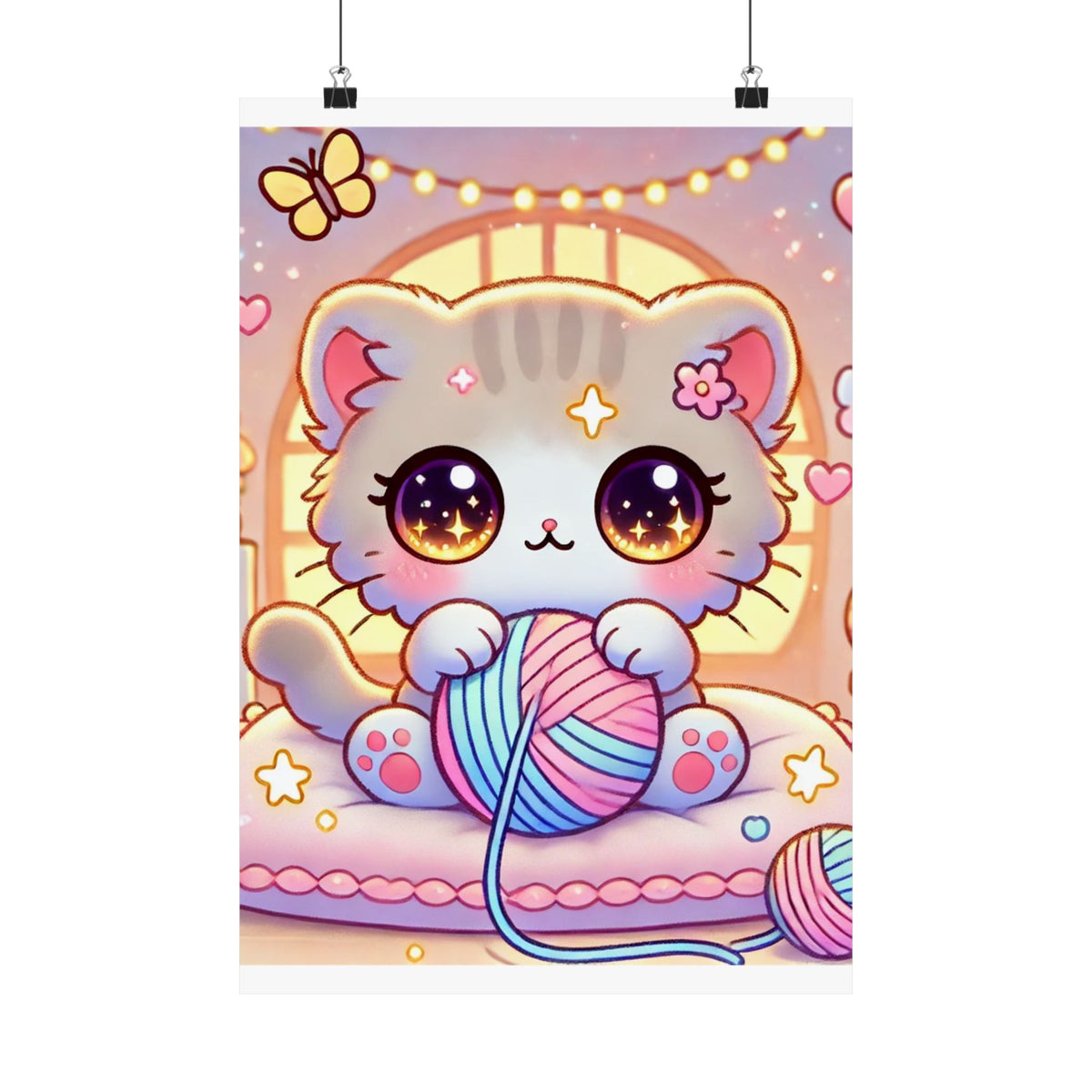 Cozy Kawaii Knitting Cat Pastel Yarn Wall Art Poster
