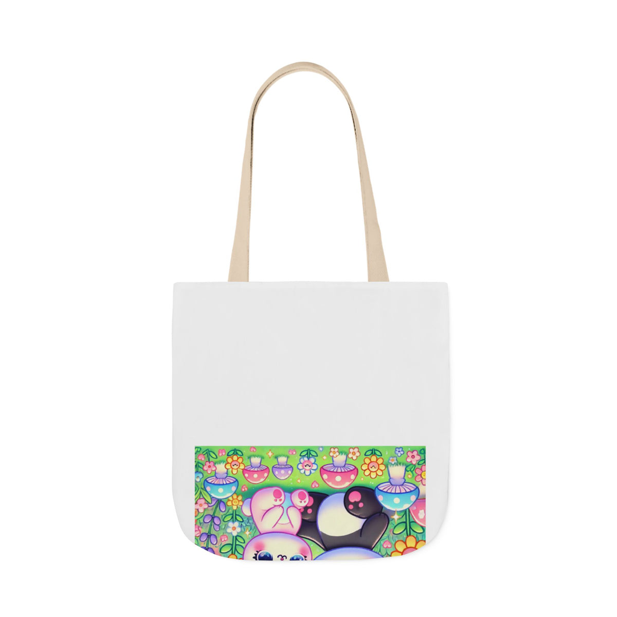 Pastel Panda and Bunny Rainbow Garden Canvas Tote Bag