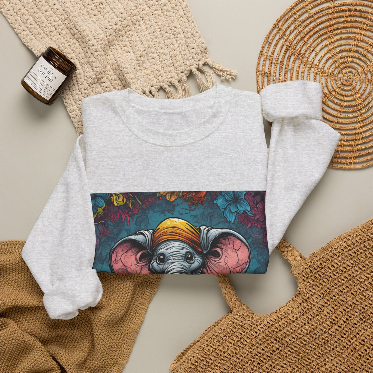 Colorful Storybook Elephant Floral Art Sweatshirt