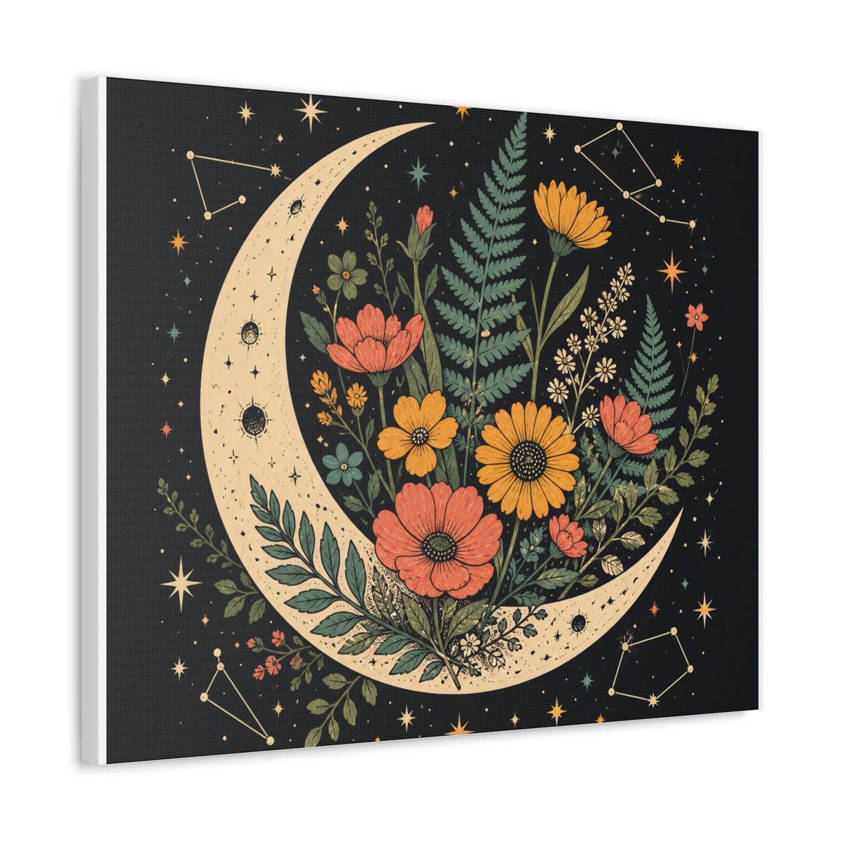 Celestial Wildflower Crescent Moon Botanical Canvas Art
