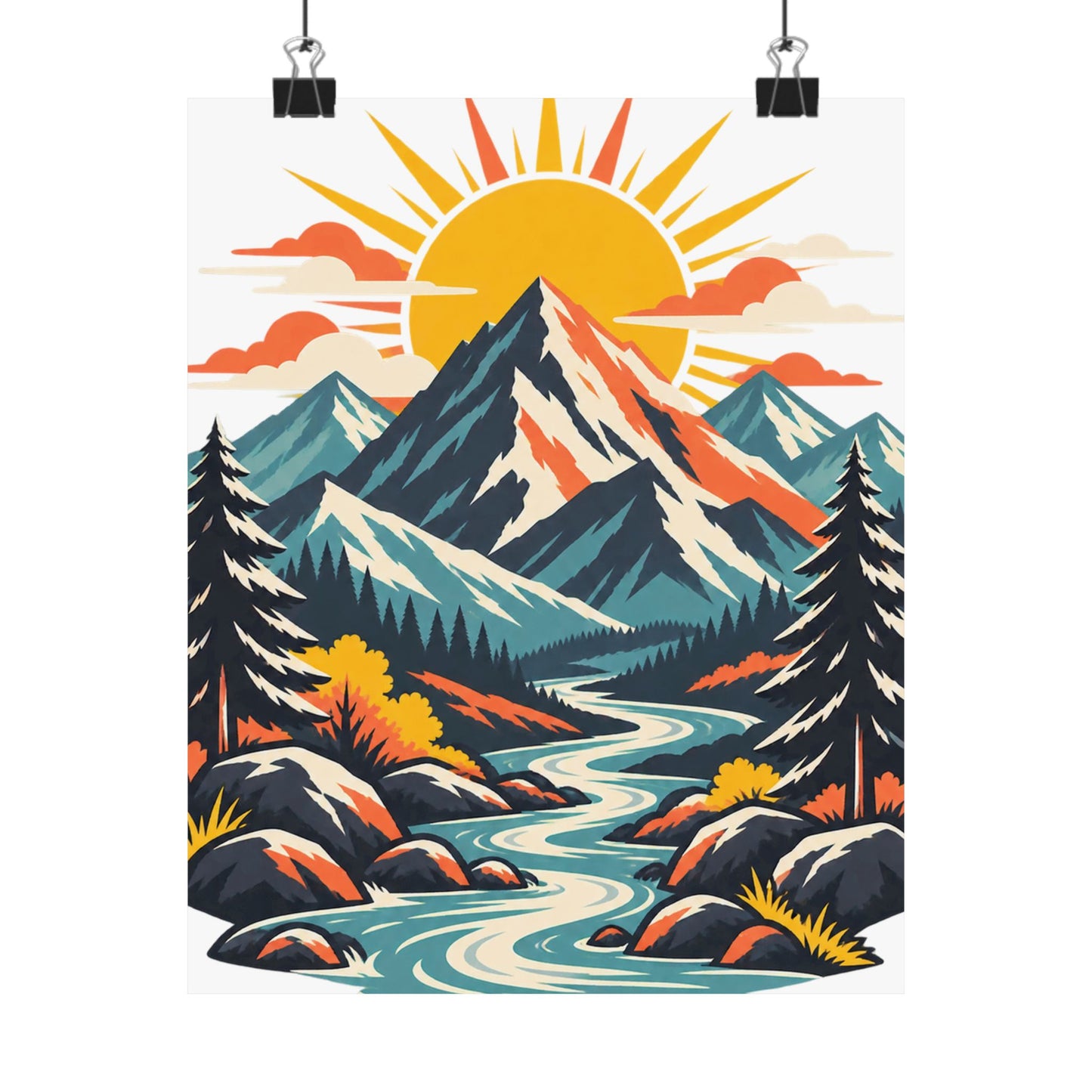 Alpine Sunrise River Mountain Adventure Art Poster