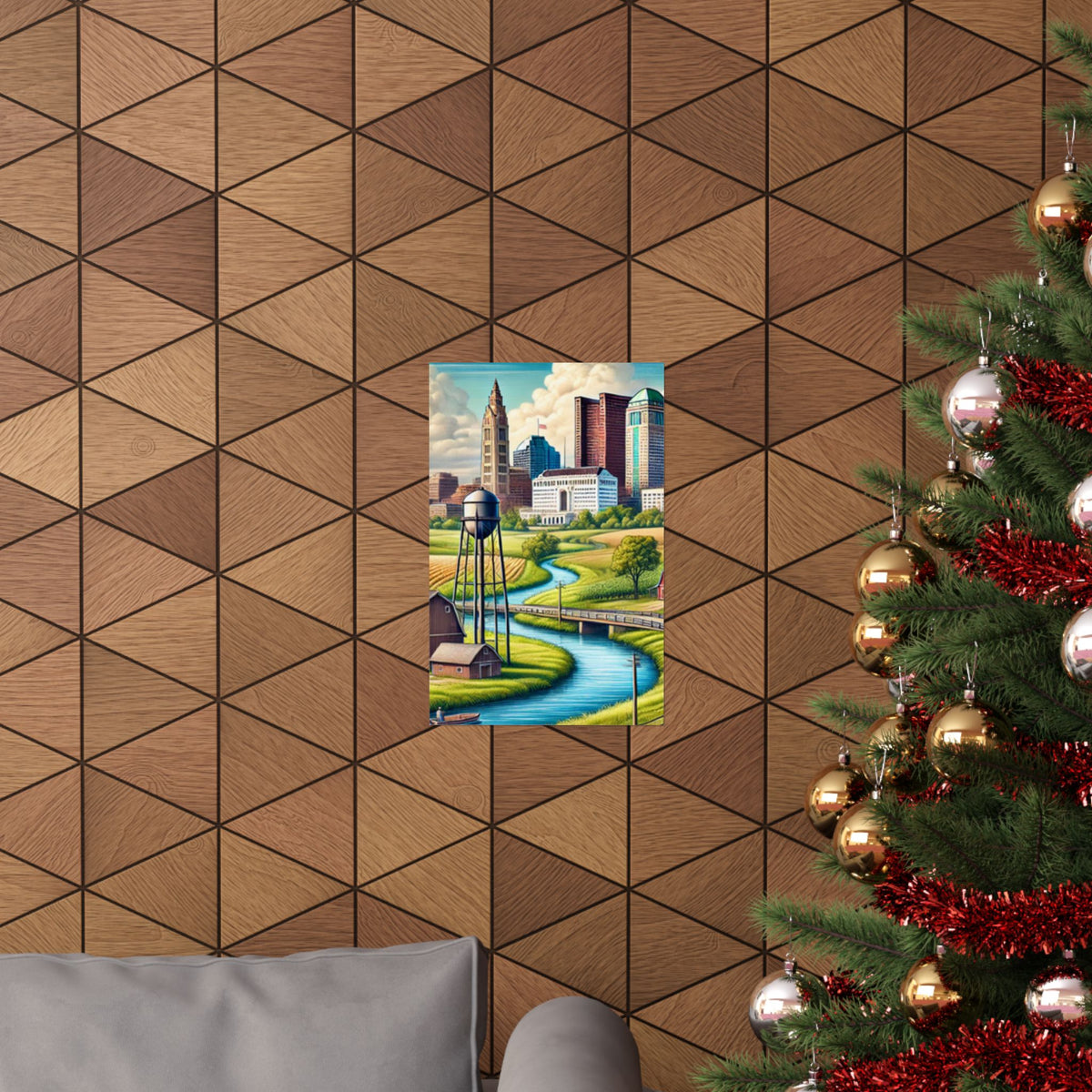 Rural River City Skyline Hometown Landscape Poster Art