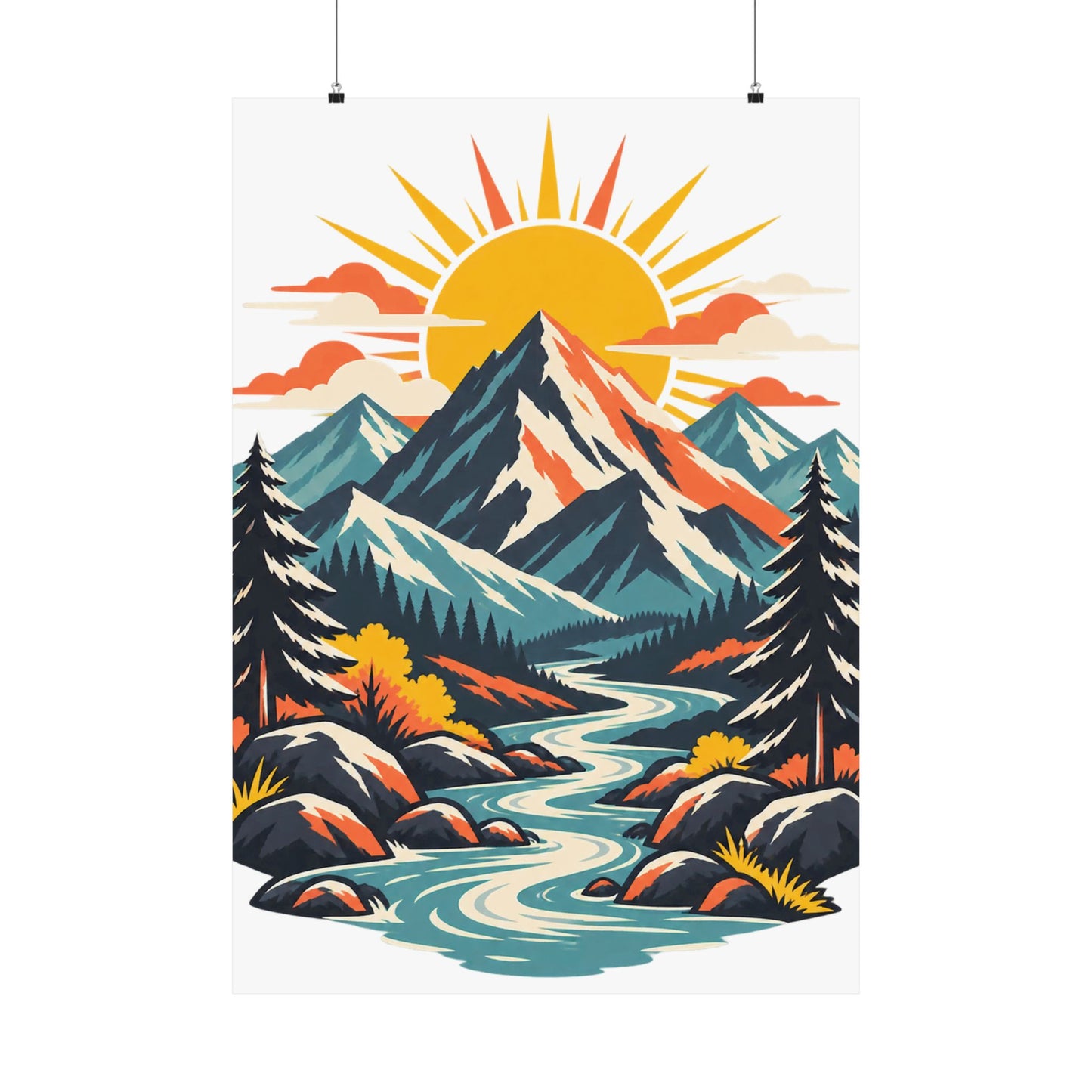 Alpine Sunrise River Mountain Adventure Art Poster
