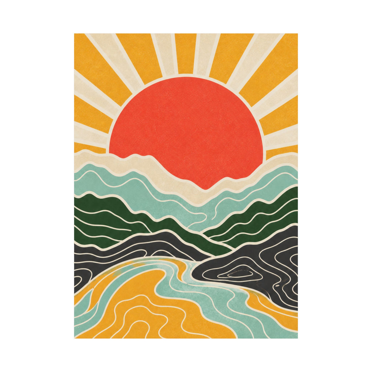 Topographic Sunrise Mid Century Mountain Art Poster