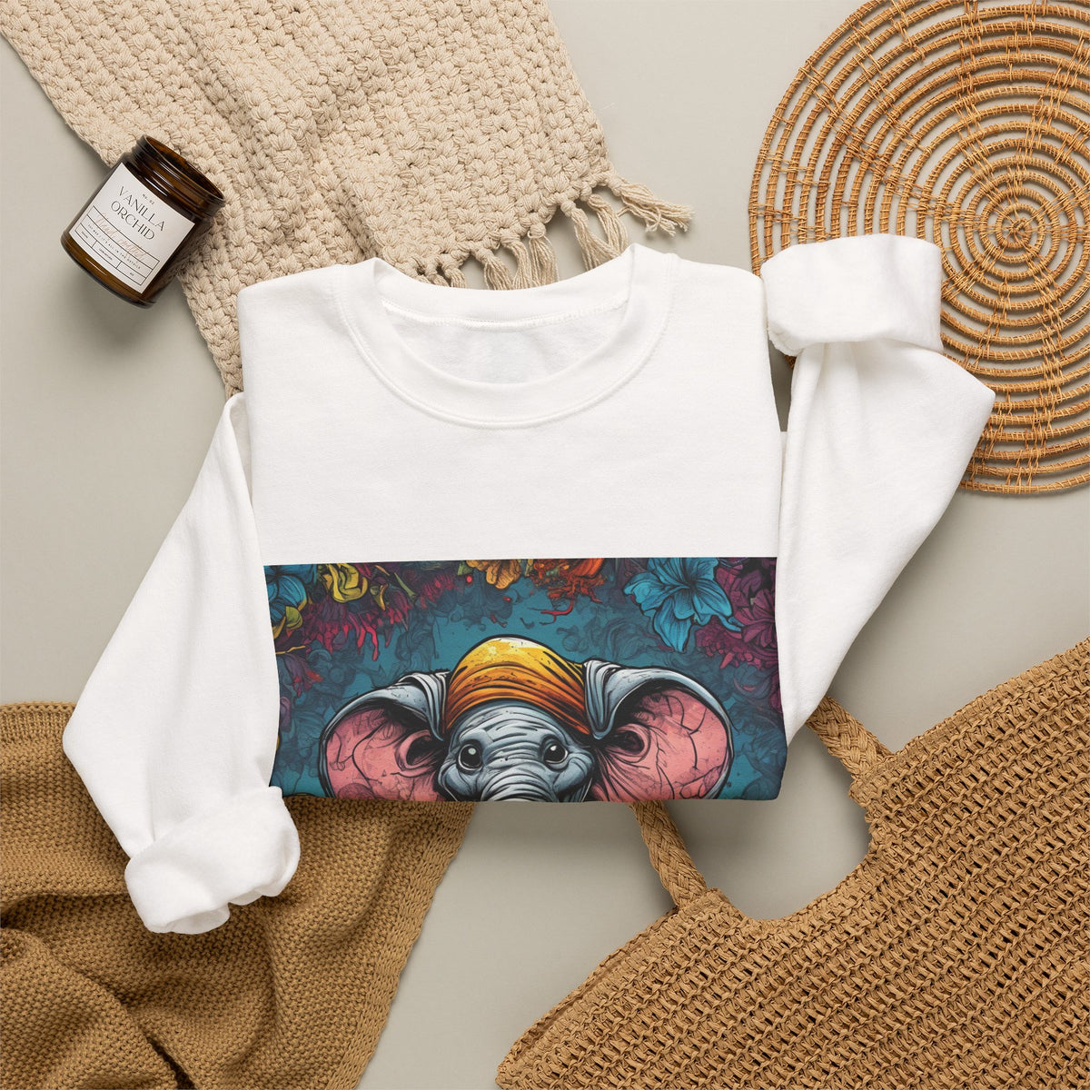 Colorful Storybook Elephant Floral Art Sweatshirt