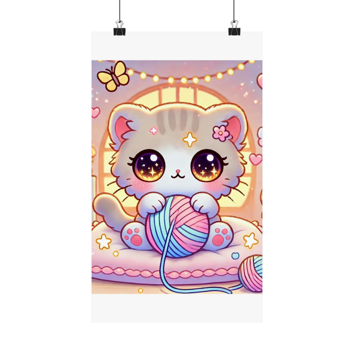 Cozy Kawaii Knitting Cat Pastel Yarn Wall Art Poster