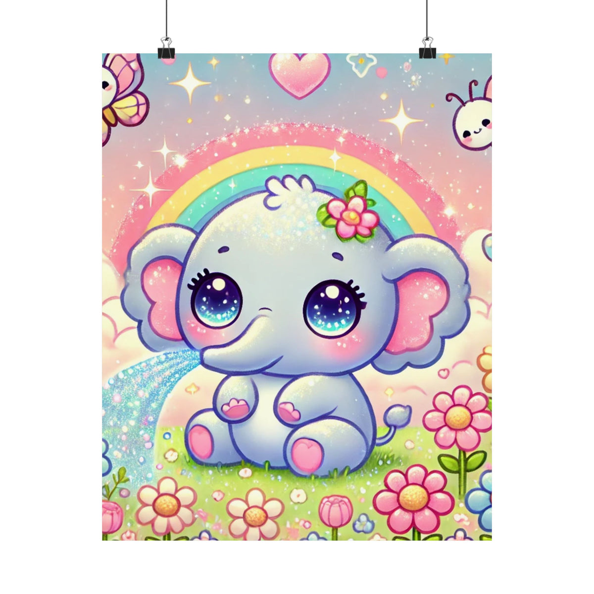 Pastel Rainbow Baby Elephant Floral Wall Art Poster