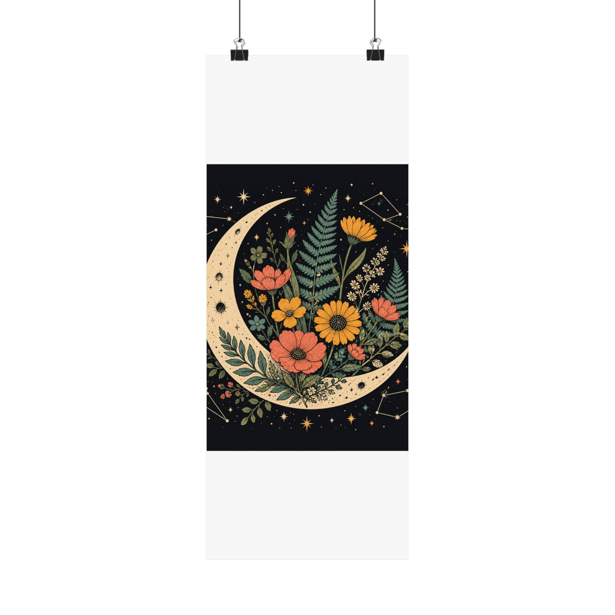 Celestial Wildflower Crescent Moon Botanical Art Poster