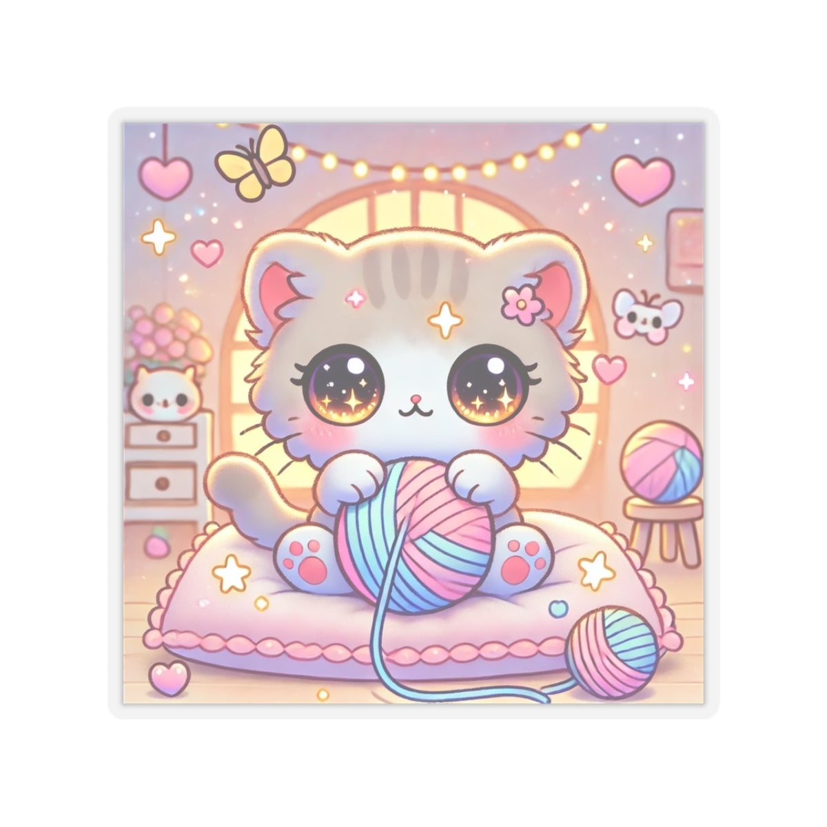 Cozy Kawaii Knitting Cat Pastel Yarn Sticker