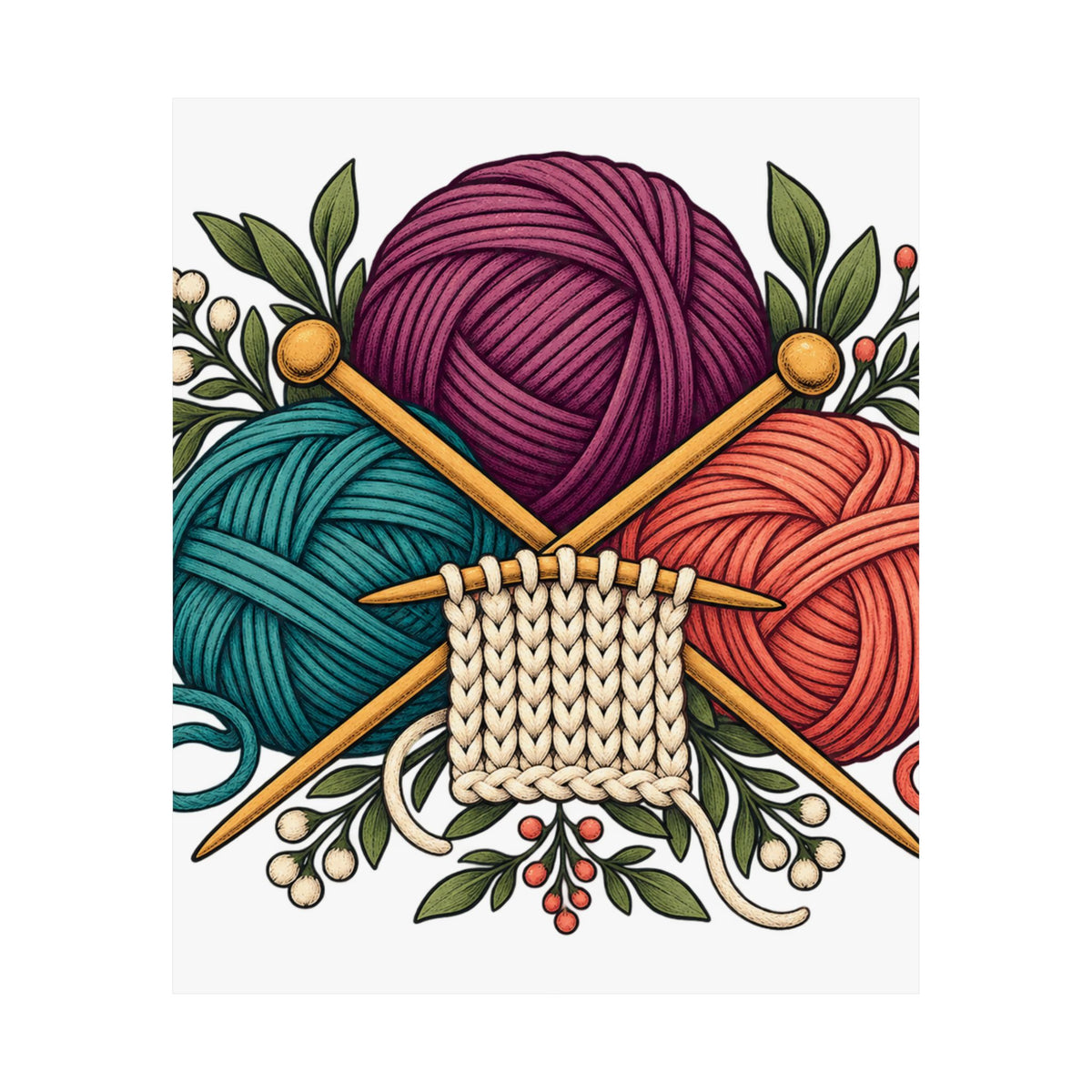 Retro Yarn and Knitting Botanical Art Poster