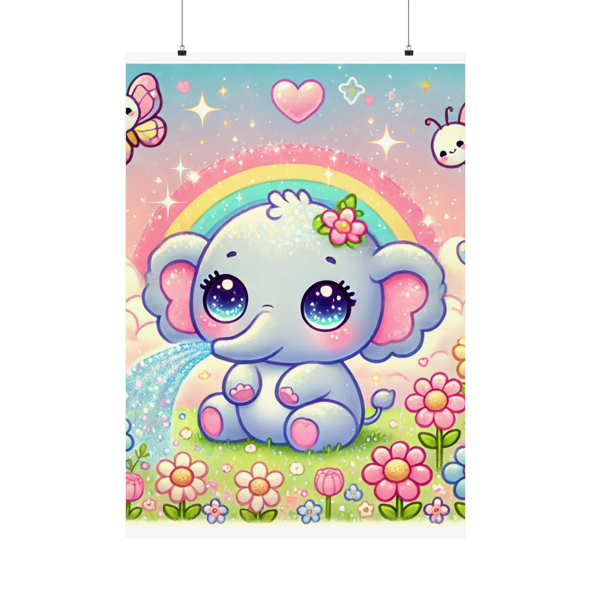 Pastel Rainbow Baby Elephant Floral Wall Art Poster