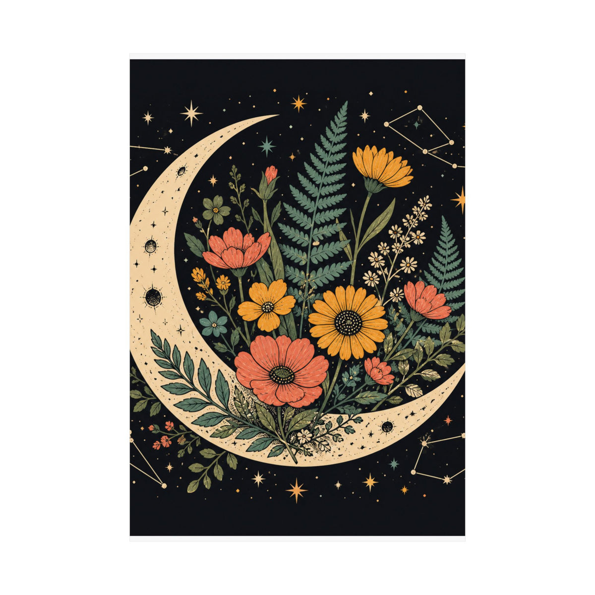 Celestial Wildflower Crescent Moon Botanical Art Poster