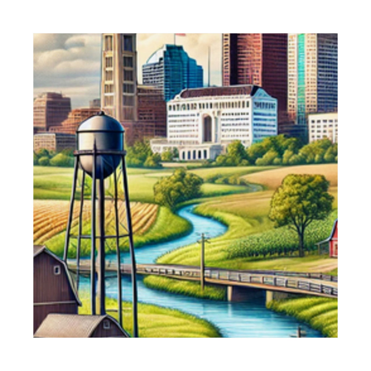 Rural River City Skyline Hometown Landscape Poster Art