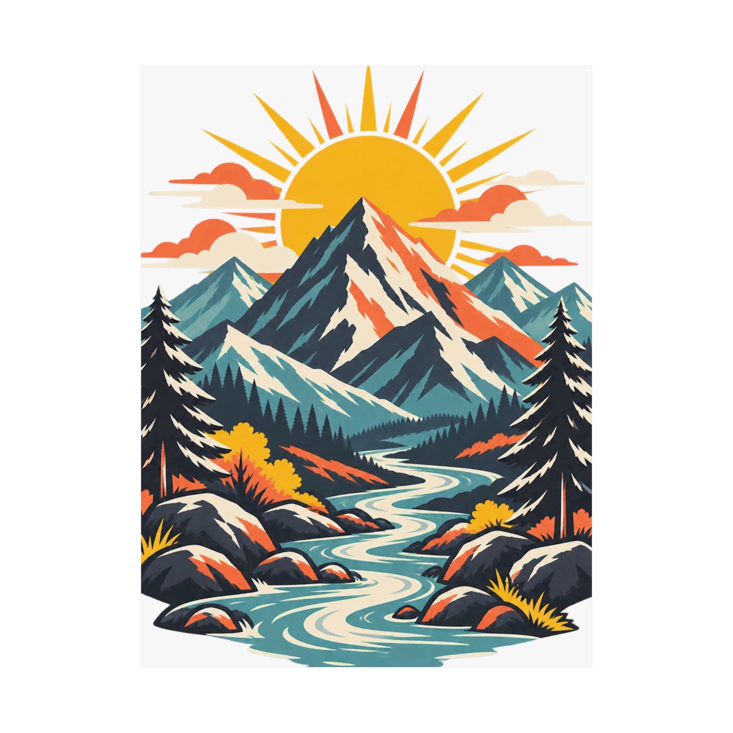 Alpine Sunrise River Mountain Adventure Art Poster