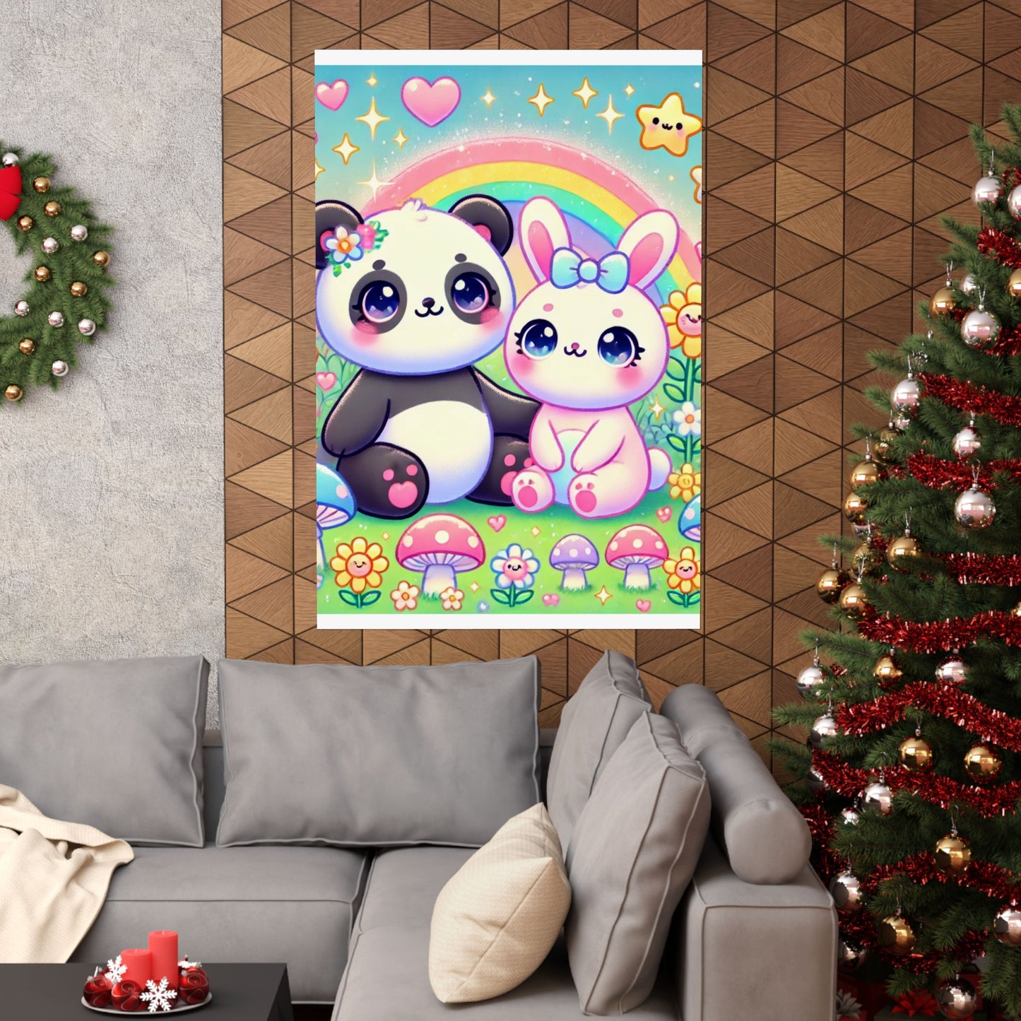 Pastel Panda and Bunny Rainbow Garden Wall Art Poster
