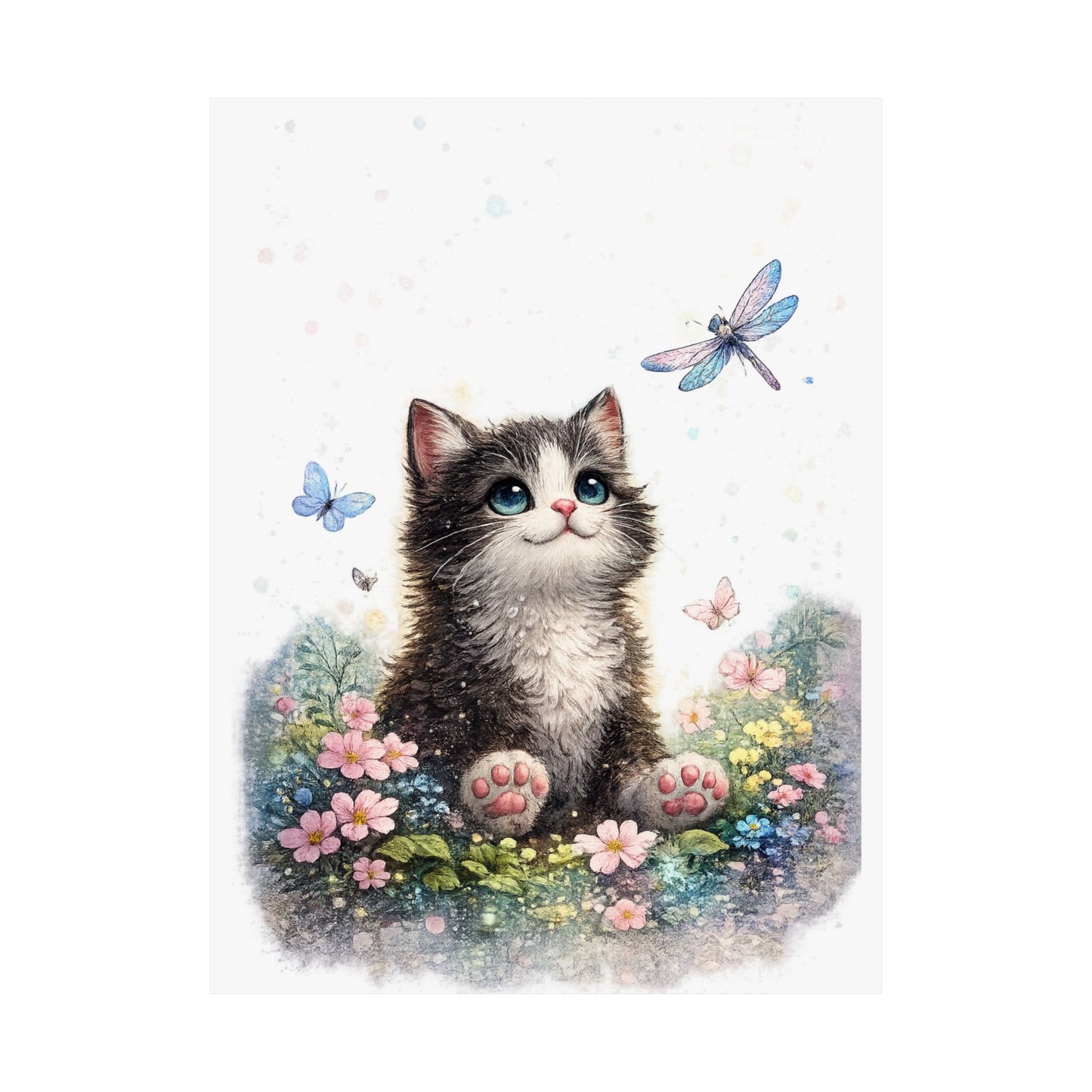 Whimsical Kitten Butterfly Garden Art Poster