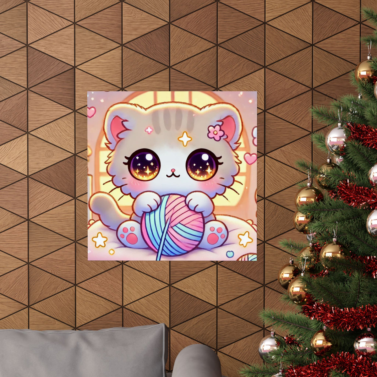 Cozy Kawaii Knitting Cat Pastel Yarn Wall Art Poster