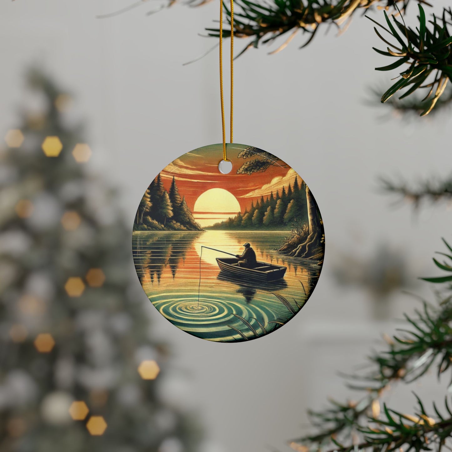 Sunset Lake Fishing Retreat Ceramic Ornament, Holiday Keepsake and Gift